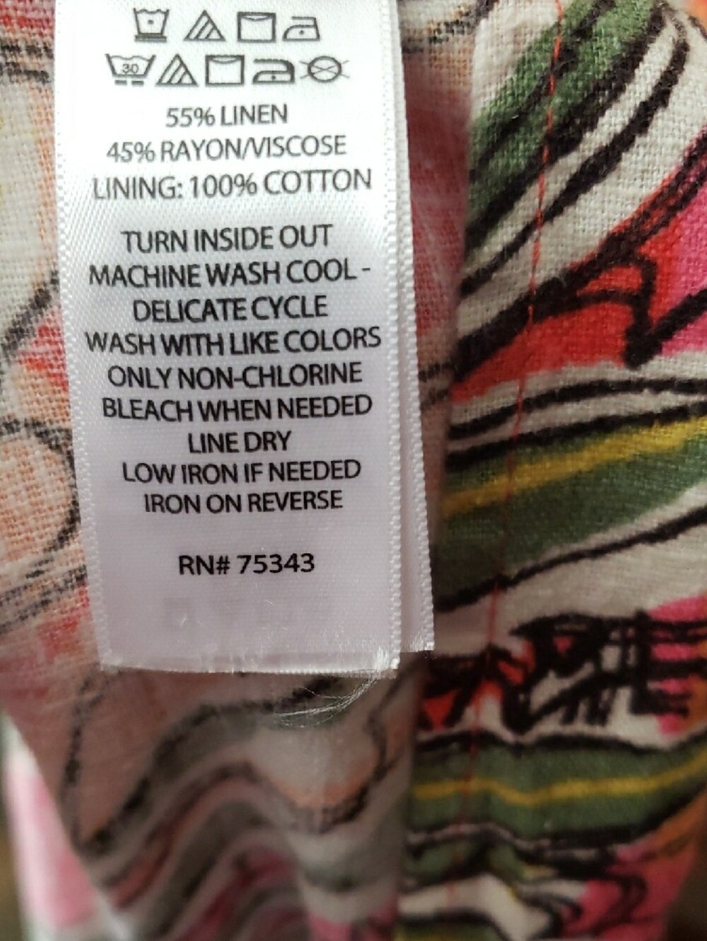 C&C California Pink & Orange Tropical Print Maxi Tiered Linen Blend Dress- L - Picture 13 of 13